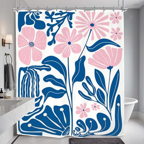 Pink Blue Matisse Flower Shower Curtain 60Wx72L Inch Abstract Retro Aesthetic Minimalist Vintage Art 70s Modern Bathroom Set Accessories Decor with 12 Pack Hooks