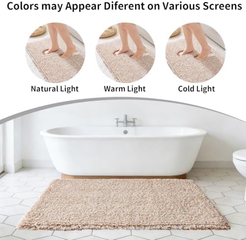 Disolla Bathroom Rug 24x48 - Non-Slip Plush Thick Bath Mat, Highly Absorbent & Ultra Soft Fluffy Floor Mat, Machine Washable for Shower and Tub, Beige & White