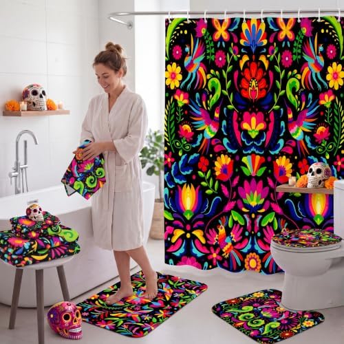 FuWeave 8 Pcs Mexico Floral Shower Curtain Set for Bathroom Decor Include Mexican Folk Art Floral Bird Shower Curtain Towels Non Slip Rugs Toilet Lid Cover Colorful Bohemian Bath Mat and 12 Hooks