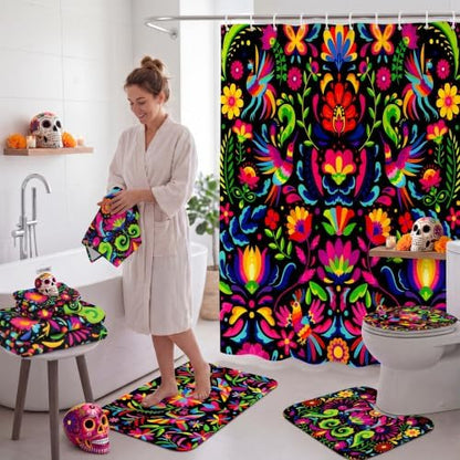 FuWeave 8 Pcs Mexico Floral Shower Curtain Set for Bathroom Decor Include Mexican Folk Art Floral Bird Shower Curtain Towels Non Slip Rugs Toilet Lid Cover Colorful Bohemian Bath Mat and 12 Hooks