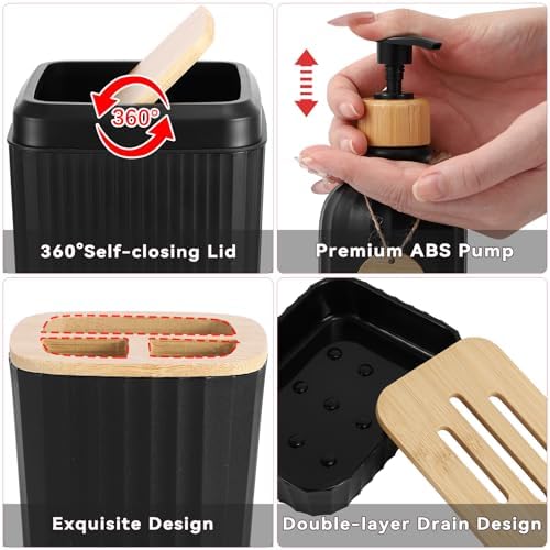 32PCS Bathroom Set Bathroom Accessories with Shower Curtain and Bath Towel,Trash Can,Bathroom Decor,Black Shower Curtain Set,Toilet Brush,Trash Can & 3PCS Soap Dispenser