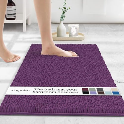 MAYSHINE Standard Plush Shaggy Chenille Bath Mat 32"x20" Extra Soft, Super Absorbent, Non-Slip Bathroom Rug | Fluffy Microfiber, Area Rug Sets for Bathroom Floor, Kitchen, Living Room | Plum