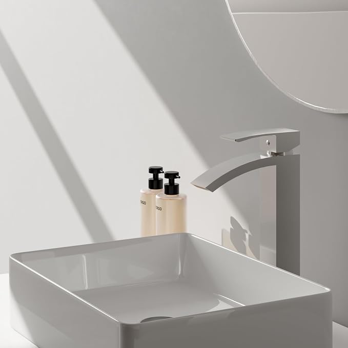 Brushed Nickel Vessel Sink Faucet, Waterfall Bathroom Faucets | Brass, Tall Spout, Single Handle 1 Hole Bathroom Faucet, Modern Basin Taps with Supply Line, Pop Up Drain, Without Overflow