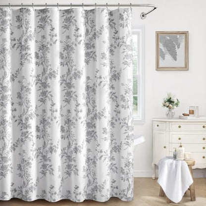 Grey Floral Shower Curtain,Vintage Cotton Cottagecore Gray Shower Curtains for Bathroom, 72" W x 72" L