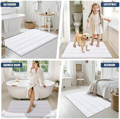 Grandaily Chenille Striped Bathroom Rugs 47x20, Extra Thick and Soft Absorbent Bath Mats, Rubber Backing, Plush Shaggy Shower Carpet, Machine Wash Dry, Bath Rug for Bathroom, Solid White