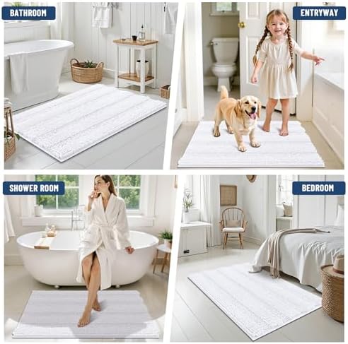 Grandaily Chenille Striped Bathroom Rugs 59x20, Extra Thick and Soft Absorbent Bath Mats, Rubber Backing, Plush Shaggy Shower Carpet, Machine Wash Dry, Bath Rug for Bathroom, Solid White