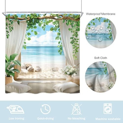Ocean Blue Sea Coastal Beach Beachy Summer Bathroom Shower Curtain Set