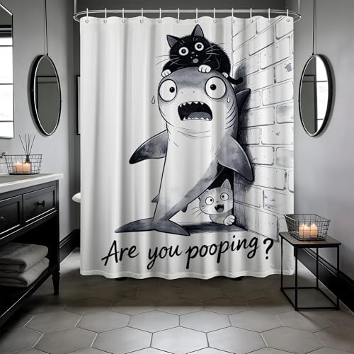 Black Cat Riding Shark Shower Curtain Cool Teen, 70x72 Inchs