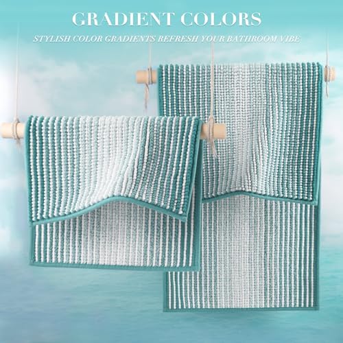 BSICPRO Bathroom Rugs Sets 2 Piece, Non Slip Striped Bath Mats, Aqua Green