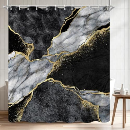 Black Marble Shower Curtain Modern Abstract Luxury Gold Ink Texture Gray Ombre Watercolor Bathroom Curtain Set with Hooks Soft and Lightweight Waterproof Fabric Machine Washable 36" Wx72 L