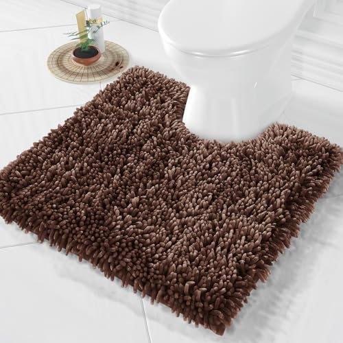 Yimobra Toilet Rugs U Shaped Washable, Extra Thick Soft Absorbent Chenille Contour Bathroom Rugs for Toilet 24x24 Inch, Quick Dry Non Slip Toilet Mat for Bath Floor, Brown