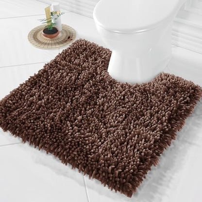 Yimobra Toilet Rugs U Shaped Washable, Extra Thick Soft Absorbent Chenille Contour Bathroom Rugs for Toilet 24x24 Inch, Quick Dry Non Slip Toilet Mat for Bath Floor, Brown