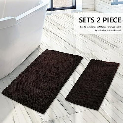 Bathroom Rugs Sets 2 Piece, Extra Soft Chenille Bath Mat Ultra Absorbent Bathroom Rug, Bathroom Mat with Sturdy PVC Non-Slip Bottom, Machine Washable Bath Rugs (20x32 Inch + 16x24 Inch, Coffee)