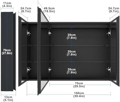 KWW LED Lighted Bathroom Medicine Cabinet with Sockets & USBs, Defogger, Dimmable, 3 Color Light Makeup Mirror, Easy to Install, Wall Mounted Cabinet (3 door-40 * 28)