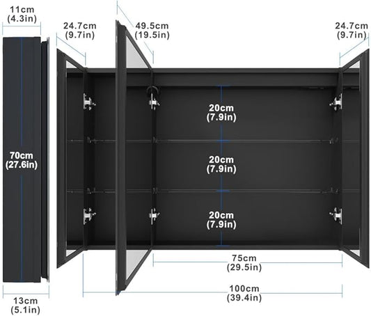 KWW LED Lighted Bathroom Medicine Cabinet with Sockets & USBs, Defogger, Dimmable, 3 Color Light Makeup Mirror, Easy to Install, Wall Mounted Cabinet (3 door-40 * 28)