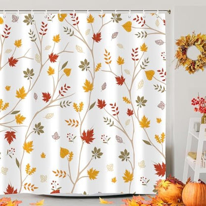 Fall Leaves Shower Curtain, Brown Eucalyptus Maple Leaf Plants Seasonal Autumn Bathroom Decor, Waterproof Cloth Fabric Bathroom Curtain with Hooks 72 x 72 inch