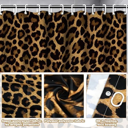 AnyDesign 28 Pcs Leopard Shower Curtain Set with Non-Slip Bath Mat U-Shaped Rug Toilet Lid Cover Cheetah Print Shower Curtain with Hooks and Black Ribbons for Bathroom Accessories & Decor