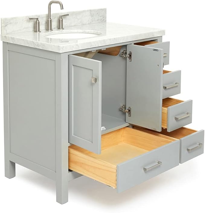 ARIEL Cambridge 36-inch Bathroom Vanity with Sink,Solid Wood, 1.5-inch Italian Carrara Marble Countertop & Backsplash, Single Oval Porcelain Sink, 2 Soft Closing Doors, 5 Dovetail Drawers, Grey