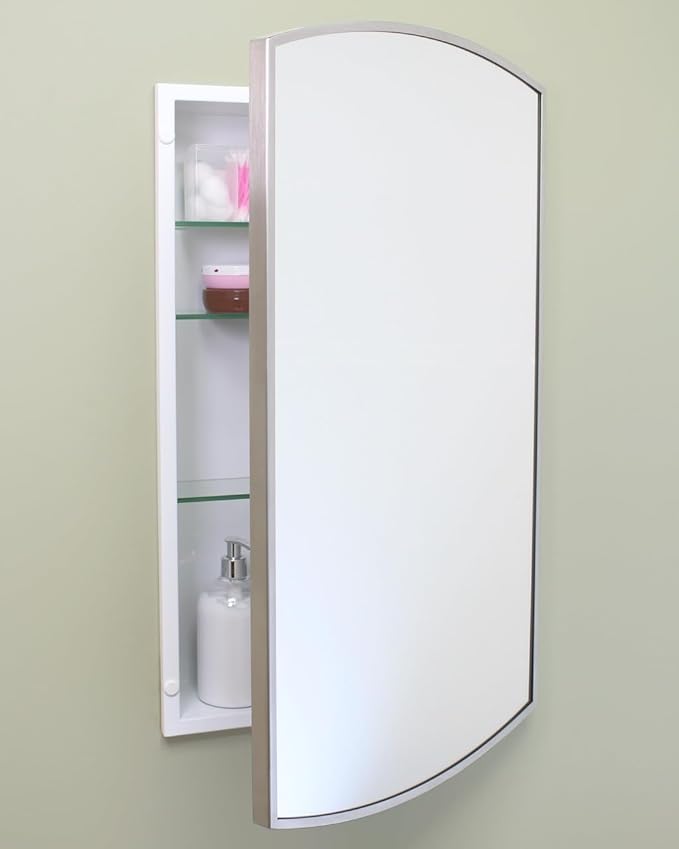 Fox Hollow Furnishings 16x26 Harper Crescent Metal Framed Rectangle Recessed Bathroom Medicine Cabinet, Arced Mirror, 14x24 in-Wall Opening, Adjustable Glass Shelves, Magnet Close, Brushed Nickel