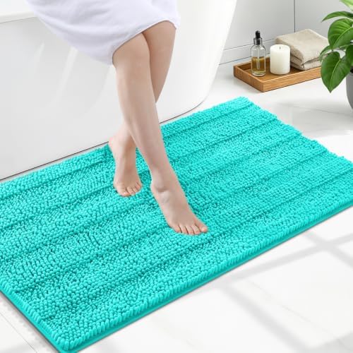 Grandaily Chenille Striped Bathroom Rugs 47x24, Extra Thick and Soft Absorbent Bath Mats, Rubber Backing, Plush Shaggy Shower Carpet, Machine Wash Dry, Bath Rug for Bathroom, Turquoise