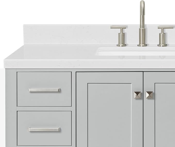 DKB Beckford 48-Inch Bathroom Vanity with Sink — Grey Single Sink Bathroom Vanity, 1.5" Edge Carrara White Quartz Countertop, Solid Wood, 2 Soft-Close Doors, 9 Dovetail Drawers