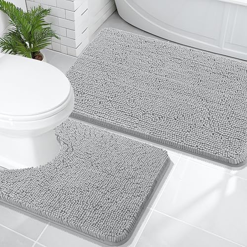 OLANLY Chenille Bathroom Rugs Mats Set 2 Piece, 36"x24"+24"x20", Light Grey