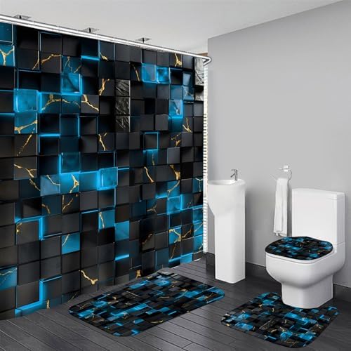 LQCOOL 4Pcs Black and Blue Shower Curtain Set 3D Cubes Bathroom Sets Modern Shower Curtain Set for Bathroom Sets with Rugs and 12 Hooks