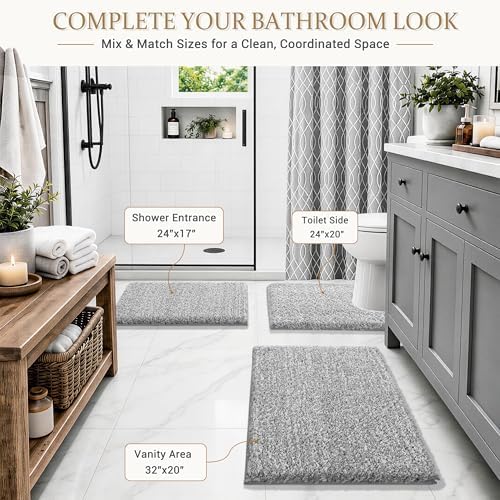 Yimobra Bathroom Rugs Non Slip Washable 32X20, Ultra Soft and Water Absorbent Bath Mats, Plush Fluffy Shower Mat Outside, Microfiber Thick Matts for Bathroom Floor/Tub, Light Gray and White