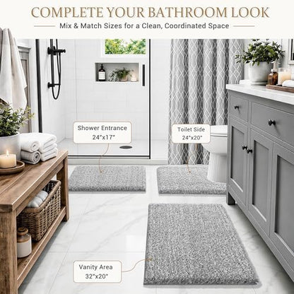 Yimobra Bathroom Rugs Non Slip Washable 32X20, Ultra Soft and Water Absorbent Bath Mats, Plush Fluffy Shower Mat Outside, Microfiber Thick Matts for Bathroom Floor/Tub, Light Gray and White