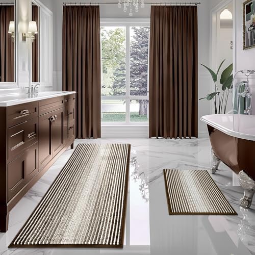 BSICPRO Bathroom Rugs Sets 2 Piece, Non Slip Striped Bath Mats, Brown