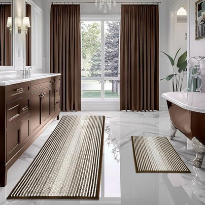 BSICPRO Bathroom Rugs Sets 2 Piece, Non Slip Striped Bath Mats, Brown