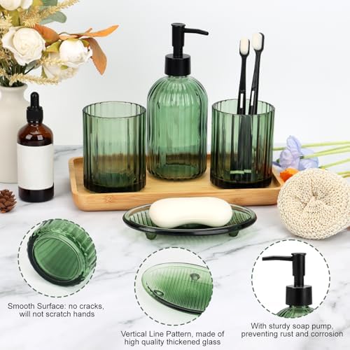 Bathroom Accessories Set, 4Pcs Glass Bathroom Accessories Sets Complete Lotion Soap Dispenser, Toothbrush Holder, Mouthwash Cup, Soap Dish for Bathroom Decor, Countertop Organizer (Green)