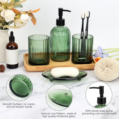 Bathroom Accessories Set, 4Pcs Glass Bathroom Accessories Sets Complete Lotion Soap Dispenser, Toothbrush Holder, Mouthwash Cup, Soap Dish for Bathroom Decor, Countertop Organizer (Green)