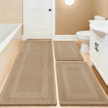 Upgrade Waffle Bath Mat Set 3 Piece, Boho Bathroom Rugs Absorbent Non Slip, Ultra Soft Bathroom Mat, Machine Washable Knit Bath Rugs with Tassels for Bathroom, Bedroom, Kitchen, Shower, Tub, Beige