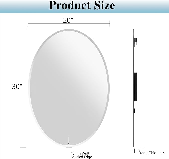Frameless Oval Mirror, 20"x30" Oval Beveled Bathroom Mirrors | Frameless, 15mm beveled edge, 5mm HD glass, anti-rust, french cleat, horizontally or vertically, for bathroom/bedroom