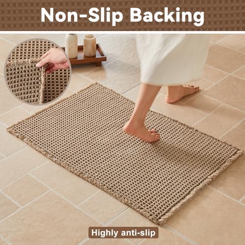 Triohero Waffle Bath Mat, Boho Bathroom Rugs Non Slip, 24x48 Beige