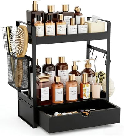 2-Tier Bathroom Counter Organizer with Drawer Basket and Hooks, Wood Bathroom Organizers and Storage for countertop, Farmhouse Black Countertop Organizer, Counter Shelf for Vanity, Kitchen, Office