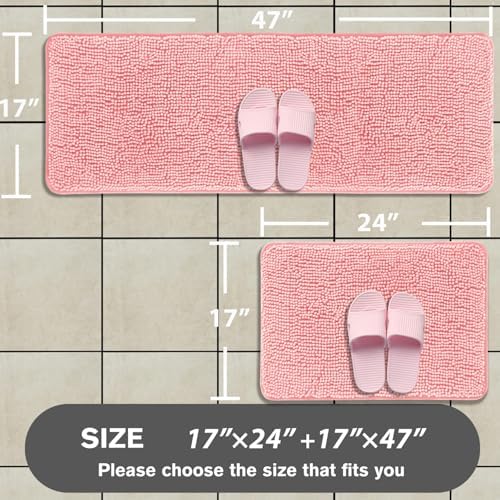 Bathroom Rugs Sets 2 Piece – Absorbent and Washable Bath Mat, Non-Slip, Thick Soft Chenille Bath Rugs for Bathroom Floor, Shower, Sink(17" x 24"+17" x 47", Pink)