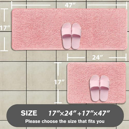 Bathroom Rugs Sets 2 Piece – Absorbent and Washable Bath Mat, Non-Slip, Thick Soft Chenille Bath Rugs for Bathroom Floor, Shower, Sink(17" x 24"+17" x 47", Pink)
