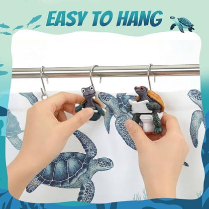 Amyhill 12 Pcs Turtle Shower Curtain Hooks Decorative Funny Turtle Shower Curtain Rings Stainless Steel Resin Sea Theme Bathroom Decor Suitable for Home Bedroom