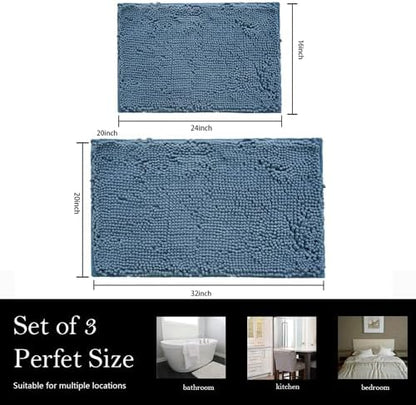 Bathroom Rugs Chenille Bath mat 2 Piece Set, Super Absorbent, PVC Non Slip Backing, Bath mats for Bathroom, Plush Shaggy, Thick, Machine Washable, Bathtub, Shower, Toilet.(Medium Blue)