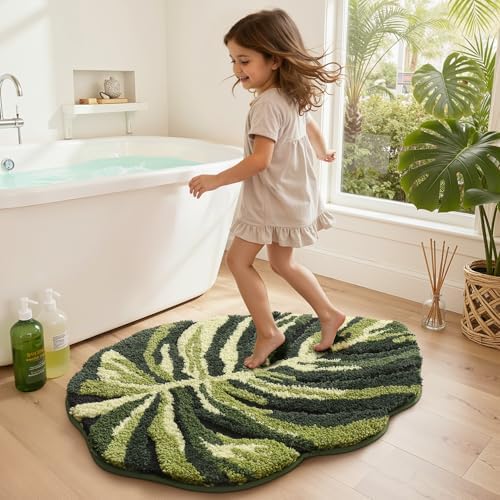 LUMI Cute Bathroom Rug Green Leaf, Absorbent Non Slip Bath Mat, 32"x48"