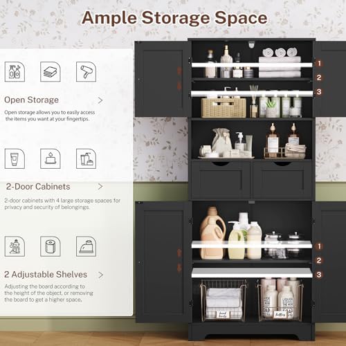 TEENFON Tall Bathroom Storage Cabinet with 4 Doors & 2 Adjustable Shelves