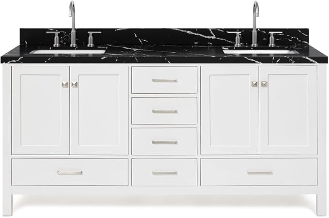ARIEL Cambridge 72 Inch Double Rectangle Sink Bathroom Vanity with Nero Marquina Black Quartz Countertop 1.5 Inch in White