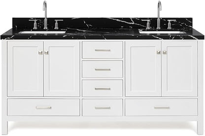 ARIEL Cambridge 72 Inch Double Rectangle Sink Bathroom Vanity with Nero Marquina Black Quartz Countertop 1.5 Inch in White