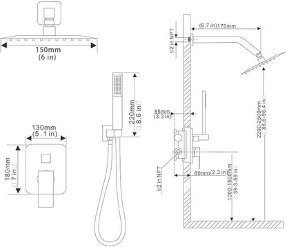 Matte Black Shower System Bathroom Rainfall Shower Faucet Set Complete Wall Mounted 6 Inch Shower Head and Handle Set with Rough-in Valve Body and Trim Kit