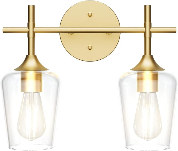 Ralbay Gold Bathroom Light Fixtures 2-Lights with Clear Glass Modern Wall Mount Lighting Industrial Farmhouse Gold Bathroom Vanity Lights Wall Sconce