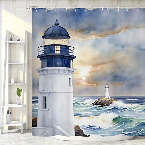 Coastal Lighthouse Shower Curtain, Ocean Nautical Sunrise Beach Seascape Bath Curtain, Sailboat Waterproof Bathroom Bathtub Decor Accessories with Hooks 72X72 in