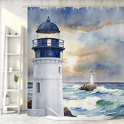 Coastal Lighthouse Shower Curtain, Ocean Nautical Sunrise Beach Seascape Bath Curtain, Sailboat Waterproof Bathroom Bathtub Decor Accessories with Hooks 72X72 in