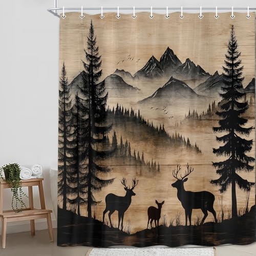 Rustic Deer Shower Curtain, Cabin Country Wood Lodge Hunting Wild Animal Vintage Farmhouse Hunting Camping Camper RV Bathroom Decor Polyester Fabric Mens Bath Curtain Set with Hooks,70X85IN